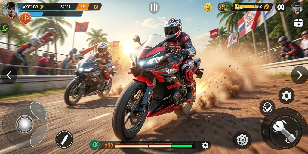 Screenshot gameplay KPK100 menampilkan aksi balapan motor yang mendebarkan.