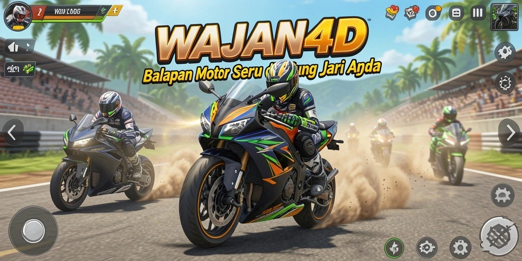 Screenshot utama WAJAN4D menampilkan aksi balapan motor yang seru.